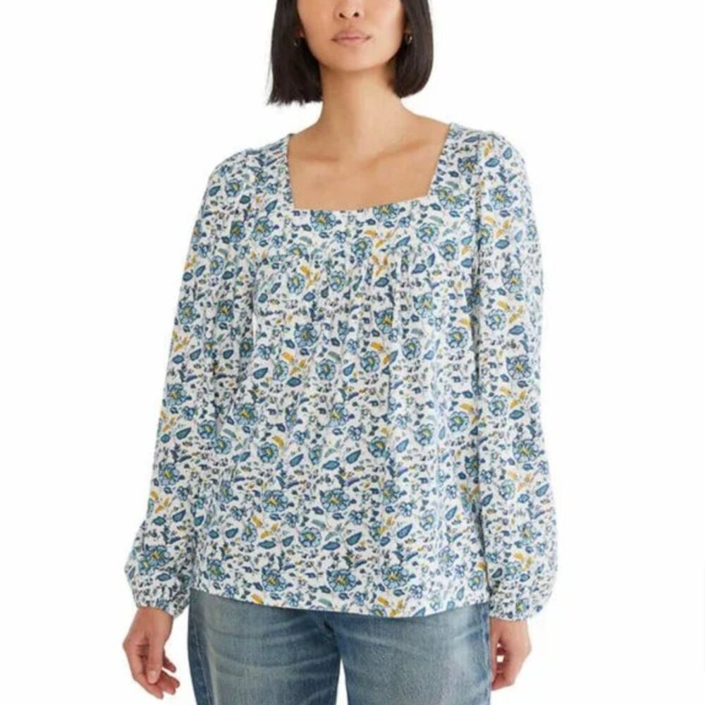 Lucky Brand Women's Square Neck Top, Cream/Blue, Size L